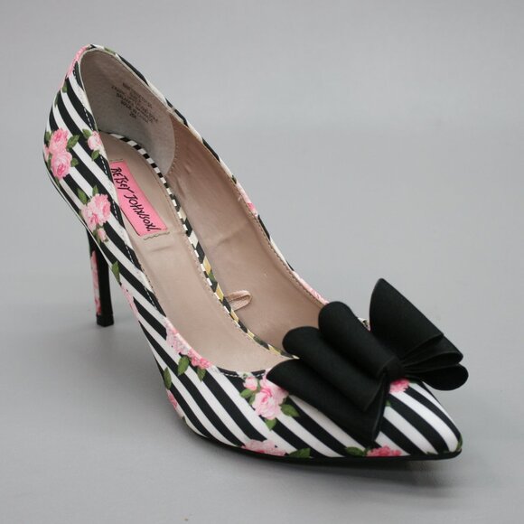 Betsey Johnson Shoes - Betsey Johnson Ladies 9 Bret Roses Floral Stripes Ribbon Bow Heels Shoes Pumps